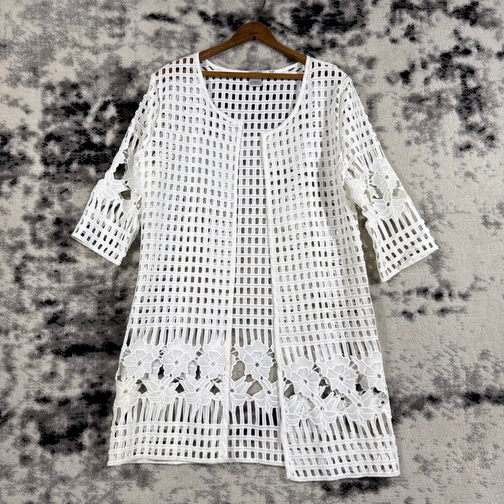 FERATELLI White Crochet Lace Open Front Kimono Cardigan‎ Jacket Womens M